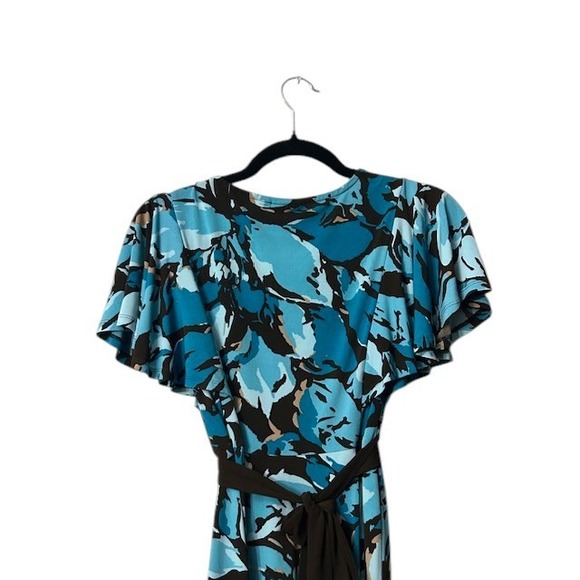 Apt 9 Turquoise Brown Midi Dress PS Floral Print Flutter Sleeve Stretch Artsy - Picture 12 of 16